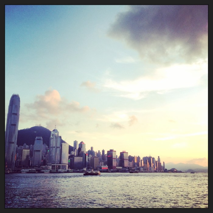 View of Hong Kong Island while aboard the Star Ferry : crossing the Victoria Harbour.