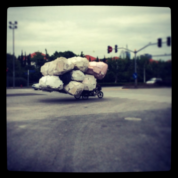 Somewhere in here, there is a bike hauling styrofoam to be recycled.