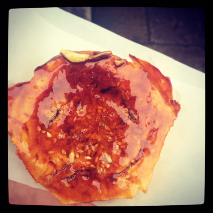 Begonia Cake. (Hai tang Gao) A crisp cake filled with sweet red bean paste.